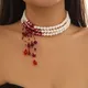 Multilayer Vintage Red Blood Pattern Imitation Pearl Tassel Pendant Necklace for Women Goth Crystal