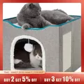 Large Cat Bed with Fluffy Ball Hanging and Scratch Pad Double Layered Foldable Cat Beds for Indoor