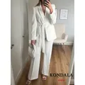 KONDALA Office Lady White Blazer Suits Women Long Sleeve V Neck Sashes Blazer+High Waist Wide Leg