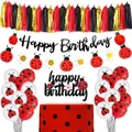 Ladybug Birthday Decorations Happy Birthday Banner Cake Topper Black Red Latex Balloon Cutlery Kids