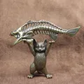 Vintage Brass Cartoon Kung Fu Cat Lifts Fish Bone Statues Desktop Ornaments Metal Animal Figurines