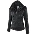 2022 Fashion Winter Faux Leather Jacket Women's Basic Jackets Hooded Black Slim Motorcycle Jacket