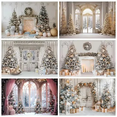 Winter Christmas Interior Backdrop Photography Xmas Fireplace White Christmas Tree Gifts Pine Trees