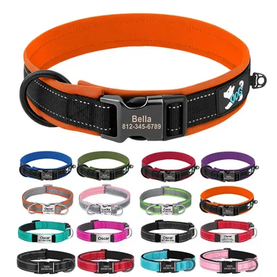 Reflective Personalized Dog Collar Engrave ID Nylon Collars Soft Padded Dogs Collar Adjustable for Small Medium Large Dogs Pug