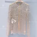 Women Fairy Sequined Mesh Blouse Perspective Sexy Gauze Shirts Tees Long Sleeve Beaded Blusas