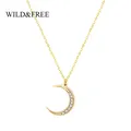 Wild&Free New Simple Crescent Moon Necklace Plain Half Moon Crystal Pendant Necklaces for Women