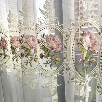 American Luxury Peony Embroidery Tulle Curtain For Living Room European Elegant Flower Embroidery Sheer Voile Drapes For Bedroom