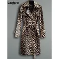 Lautaro Spring Autumn Long Stylish Leopard Print Trench Coat for Women Belt Double Breasted Casual