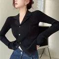 Rimocy Black Knit V Neck Cardigan Women Korean Fashion Long Sleeve Sweater Cardigans Woman Single