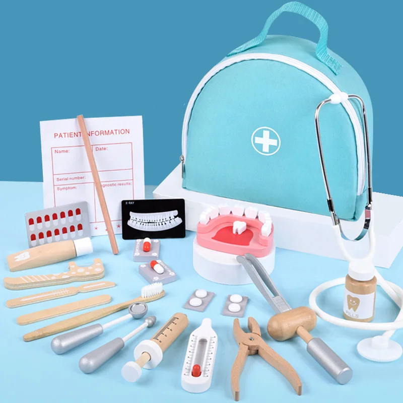 Holz Pretend Play Doctor Lernspielzeug für Kinder Simulation Zahnarzt Check Pinsel Zähne Medizin Set Rollenspiele Image