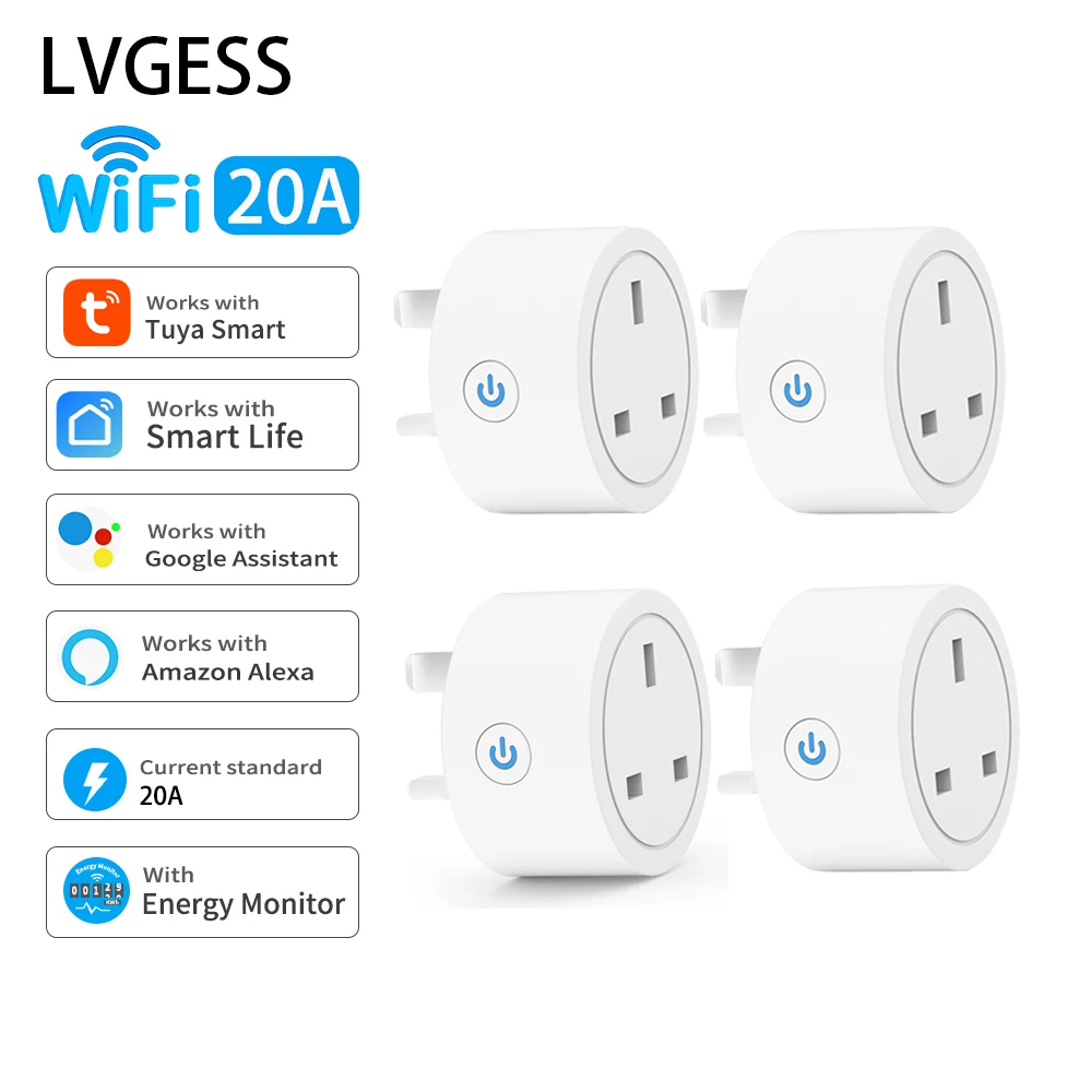 20A Tuya Smart Steckdose WiFi UK Stecker 3pin Adapter Hause Alexa Sprachsteuerung Mit Energie Überwachung Timer Funktion Steckdose set Image