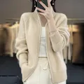 100% Pure Wool Zipper Cardigan Padded Shoulder Stand Collar Women's Cashmere Knitted Coat New Lapel