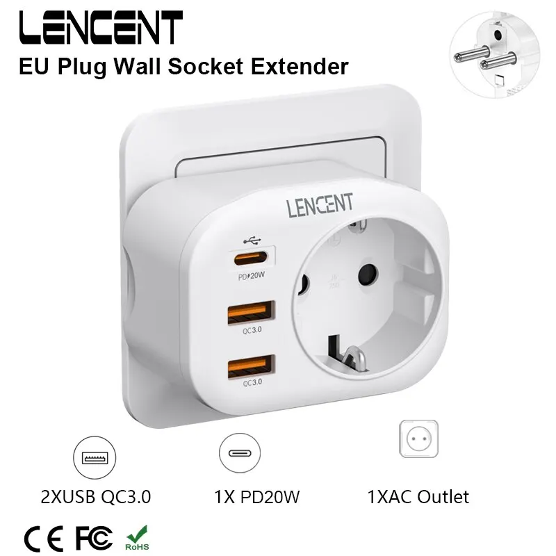 LENCENT EU-Stecker-Wandsteckdosen-Extender mit 1 AC-Steckdose, 2 USB QC3.0 und 1 Typ C PD 20 W Schnellladegerät mit mehreren Steckdosen für Zuhause und Reisen Image