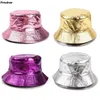 Koreanischen Stil Sonnenhut Helle Leder Eimer Hüte Frauen Männer Straße Hip Hop Panama Kappen Silber Goldene Einfache Kappe Party club Chapeau