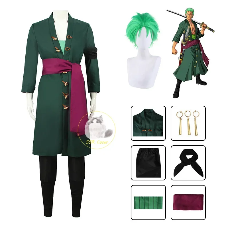 Anime Roronoa Zoro Cosplay Kostüm Uniform Grün Mantel Gürtel Hosen Kopf Schal Roronoa Zoro Perücke Ohrringe Halloween Männer Kleidung Image