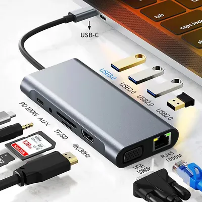 USB C Hub 11 in 1 Typ C bis 4k HDMI-kompatibler Adapter mit RJ45 SD/TF Kartenleser PD Schnell ladung für Notebook-Laptop Image