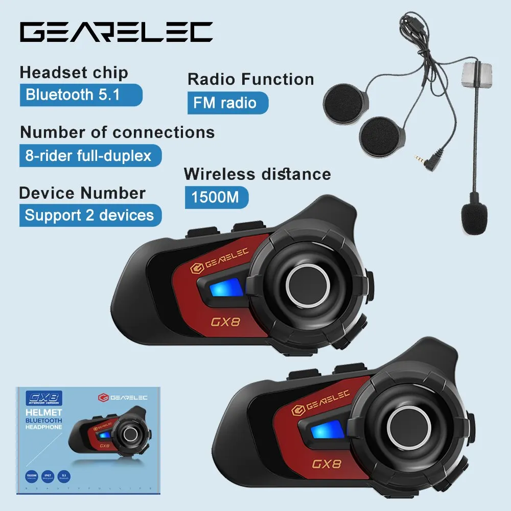 GEARELEC GX8 Motorrad-Bluetooth-Gegensprechanlage, Musikfreigabe, 1500 m, 8 Fahrergruppen, Helm, Kommunikation, Lautsprecher, Headset, Gegensprechanlage Image