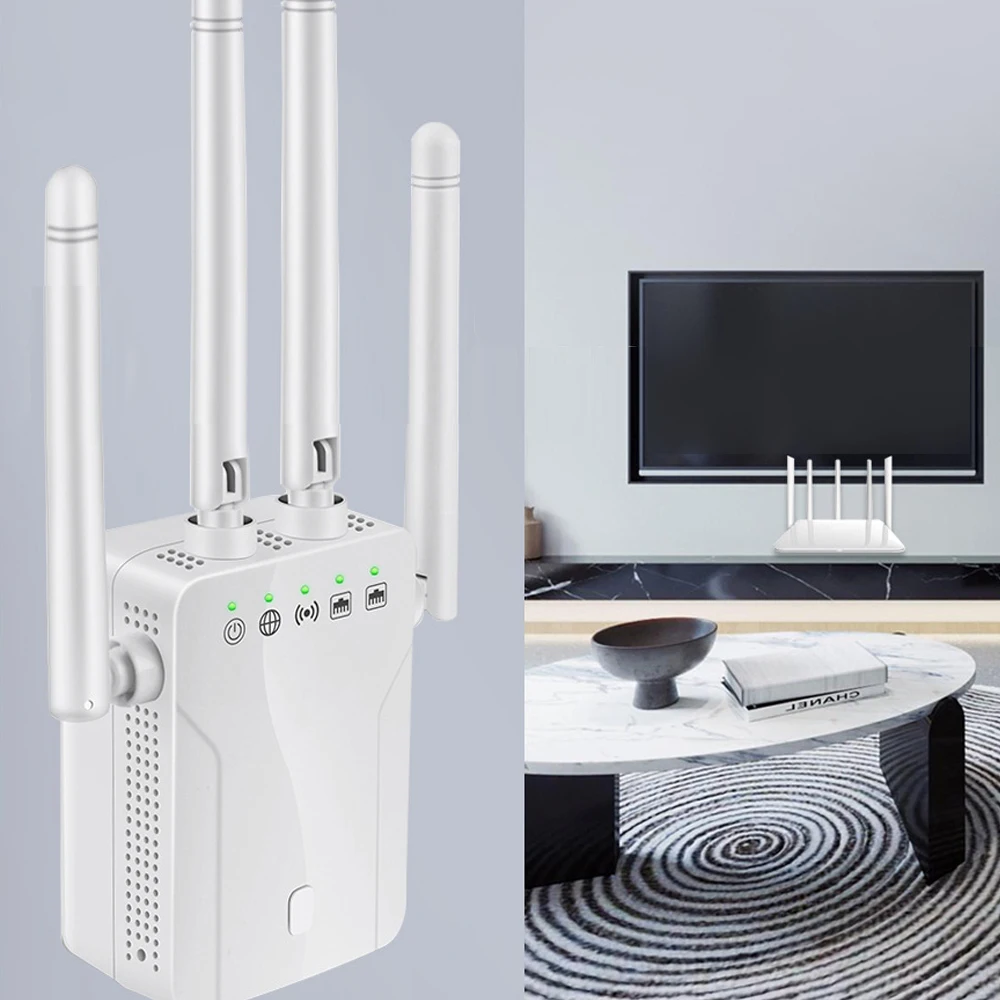 1200Mbps Wireless WiFi Repeater Wifi Signal Booster Dual-Band 2,4G 5G Extender 4 Antenne Router signal Verstärker Für Office Home Image