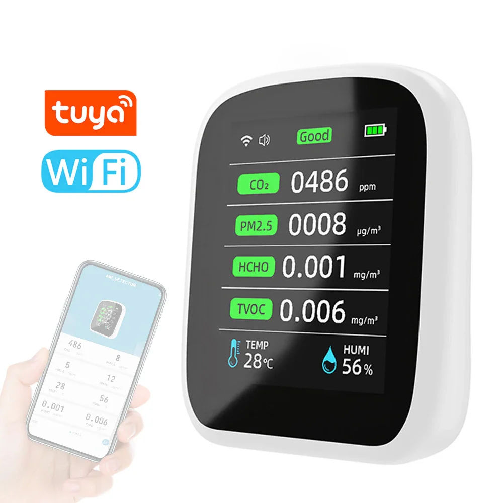 Tuya Wifi Tragbares Luftqualitätsmessgerät 8in1 PM1.0 PM2.5 PM10 CO2 TVOC HCHO Temperatur- und Feuchtigkeitstester Kohlendioxiddetektor Image