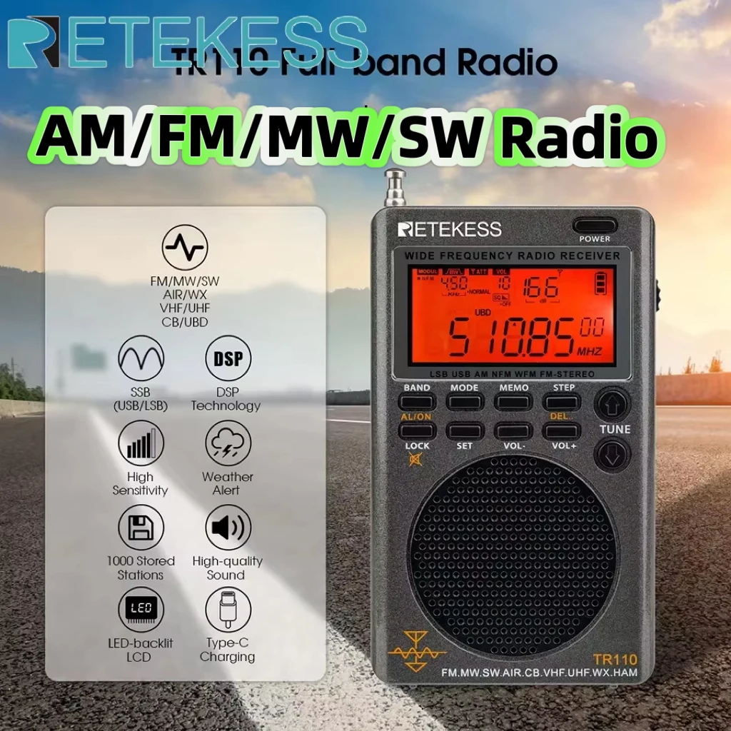 Retekess tr110 portable ssb kurzwellen radio fm mw sw lsb air cb vhf uhf vollband noaa alarm digital radio empfänger für outdoor Image