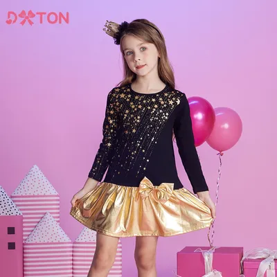 DXTON Mädchen Weihnachten Neujahr Kleider Kinder Golden Star Print Party Prinzessin Kleid mit Image