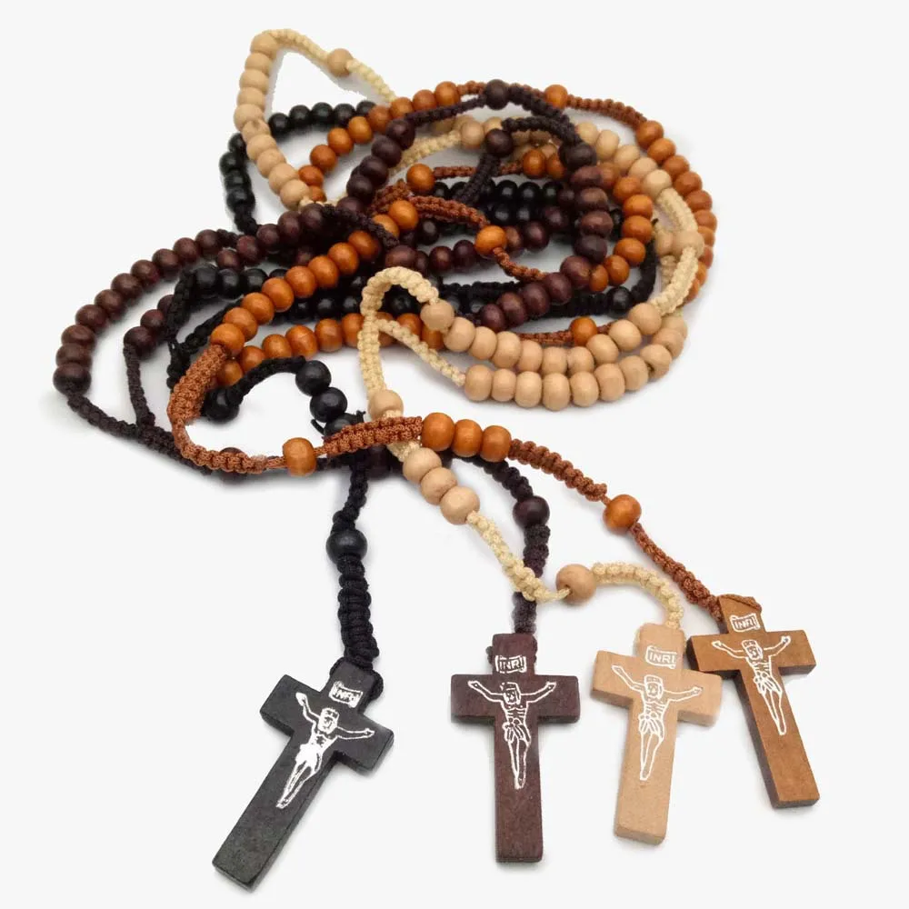 8mm schwarz/braun/Holz/Khaki Holz Rosenkranz Perlen katholische orthodoxe Kreuz Halskette für Männer, Holz gewebtes Seil Gebet spirituelles Geschenk Image