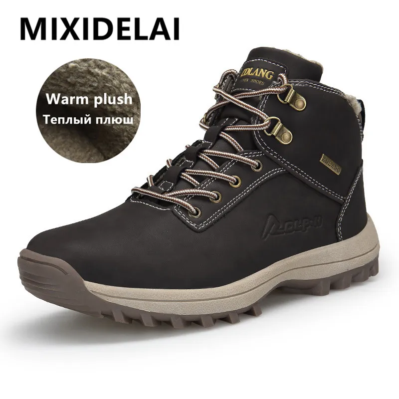 Outdoor-Mode Leder Männer Stiefel Bequeme Männer Schuhe Wasserdichte Stiefeletten Kurze Plüsch Winter Warme Arbeit Schuhe Große Größe 39 ~ 48