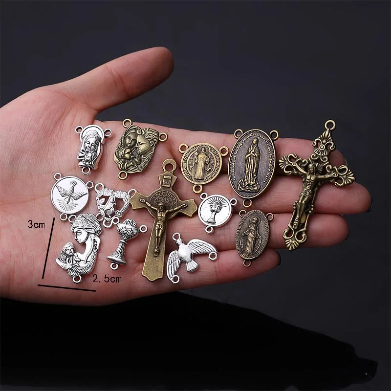10 Stück/Katholischer Rosenkranz Vintage Bronze Verbinder Halskette Armband Verbinder, viele Jesus Christus Statue Halskette Armband Dreieck Image