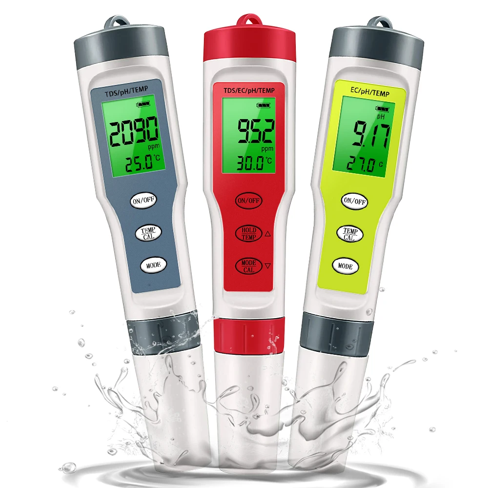 PH-Messgerät, wasserdicht, PH/TDS/EC/Temp-Messgerät, digitaler Wasserqualitätsmonitor, Tester mit Hintergrundbeleuchtung für Pools, Trinkwasser, Aquarien Image