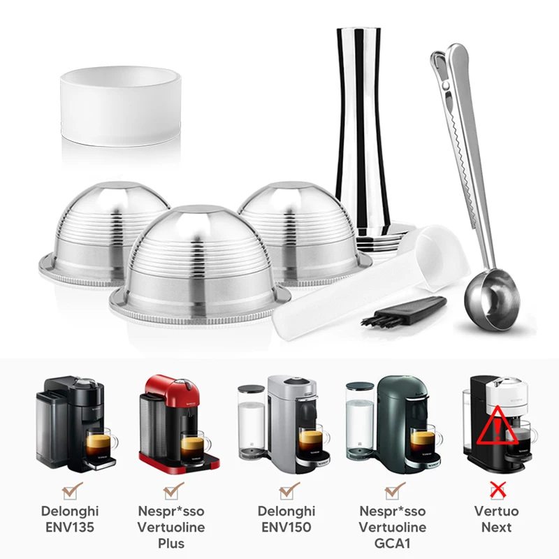Wiederverwendbare Kapselkapsel für Nespresso Vertuo Vertuoline Kaffeemaschine, Edelstahl, nachfüllbar, Espresso-Kaffeefilter, Tamper Image