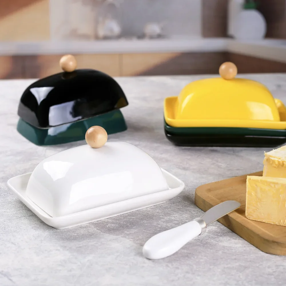 Keramik-Butterdose mit Deckel, Western-Käse-Butterdose mit Buttermesser aus Edelstahl, dekoratives Küchenzubehör für Restaurants Image