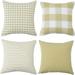 Set of 4 Decorative Farmhouse Throw Pillow Covers Plaid Cotton Square Pillow Cases Striped Pillowcase Soft Solid Cushion Case for Sofa Bedroom Couch 18 x 18 Inch Green & White