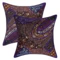 Stylo Culture Indian Cotton Decorative Throw Pillow Covers Purple 16x16 Bohemian Beaded Sequins Patchwork Embroidered Sofa Cushion Covers 40 x 40 cm Living Room Neck Design Pillowcases | Set Of 2
