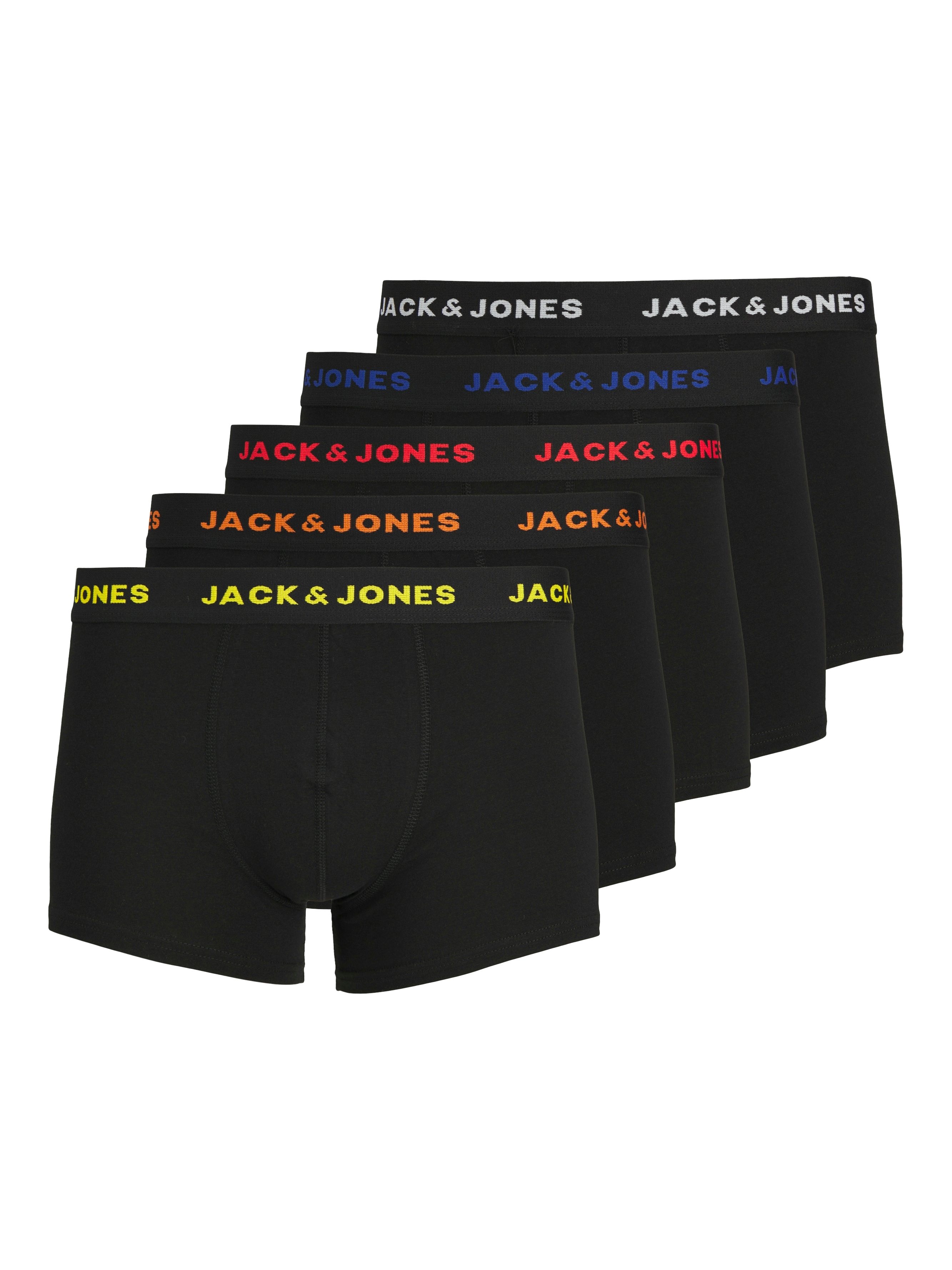 Trunk JACK & JONES "JACBLACK – Formschlüssige Boxershorts mit elastischem Bund", Damen, Gr. L, 5 Stk., schwarz, Jersey, Obermaterial: 95% Baumwolle, 5% Elasthan, unifarben mit Farbeinsatz, körpernah, Unterhosen, unifarben, casual, körpernah, Jersey