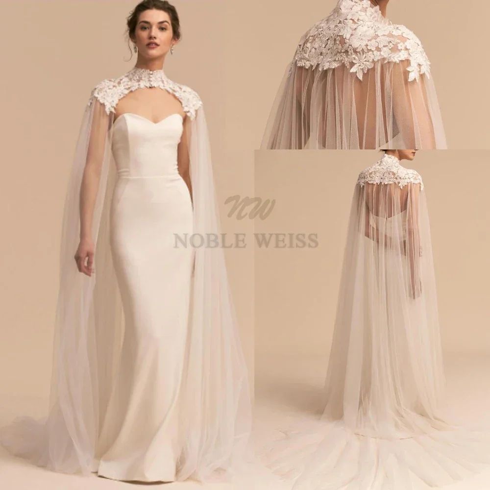 Applikationen Tüll Hochzeit Cape Stehkragen Langer Umhang Kathedralenlänge Hochzeit Spitze Brautaccessoires Maßgeschneidert