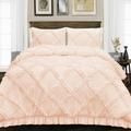 Full/Queen Size Egyptian Cotton 1000 Thread Count Duvet Cover Diamond Ruffle Ultra Soft & Breathable 3 Piece Luxury Soft Wrinkle Free Cooling Sheet (1 Duvet Cover with 2 Pillowcases Peach)