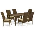 East West Furniture JUOS7-02A 7Pc Outdoor-Furniture Brown Wicker Dining Set Includes a Patio Table and 6 Balcony Backyard Armchair with Linen Fabric Cushion