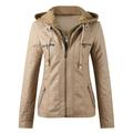 Noarlalf Womens Winter Coats Tops Zip Jacket Women s Belt Collar Leather Slim Suit Stand Coat Motorcycle Women s Coat Leather Jacket Womens Jacket Khaki M