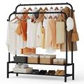 JOISCOPE Metal Clothes Rails, 111 * 149cm Clothes Rails for Bedroom with 2 Hanging Rails to Hang Clothes, Clothes rack with 4 Clothes Hooks and 2 layers for Boxes, Shoes and Clothes Storage, Black