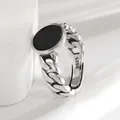 Salle de bain YON-Bague en argent regardé S925 pour homme et femme bague incrustée d'agate noire