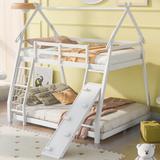 House Bunk Beds for Kids, Wood Twin Over Queen Bunk Bed w/Climbing Nets & Climbing Ramp,Playhouse Bunk Bed for Girls Boys, White