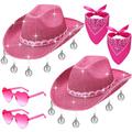 Suhine 6 Pieces Rhinestone Disco Ball Cowboy Cowgirl Hat with Bandana Heart Sunglasses for Adult Western Costume Accessory (Rose Red)