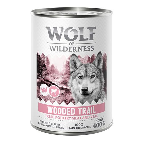 6 x 400 g Wooded Trails Geflügel mit Kalb Wolf of Wilderness getreidefreies Hundefutter nass