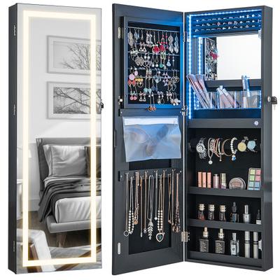 Costway 42.5 Inches Lockable Jewelry Mirror Wall Cabinet with 3-Color LED Lights-Black