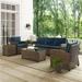 5 Piece Bradenton Outdoor Wicker Sofa Conversation Set with Navy Cushions - Weathered Brown