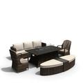 Brown 7 Piece PE Rattan Outdoor Rectangular Fire Pit Dining Table Set with Aluminum Table Top Daybed Ottoman