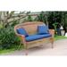 Honey Wicker Patio Love Seat With Blue Cushion And Pillows