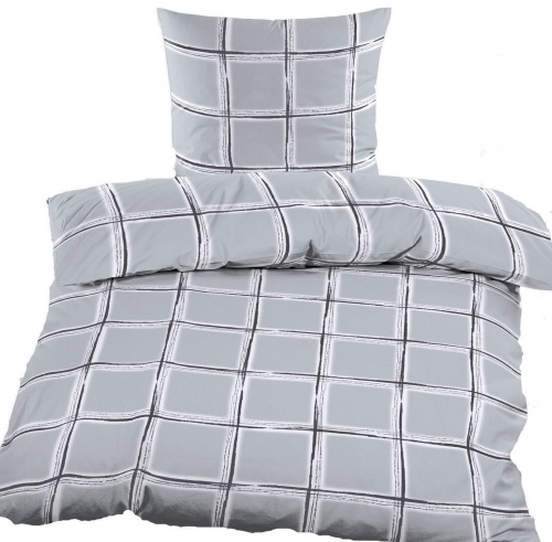 KH-Haushaltshandel Biber Winter Bettwäsche 135 x 200 + 80x80 cm, 100% Baumwolle, hellgrau, kariert Image