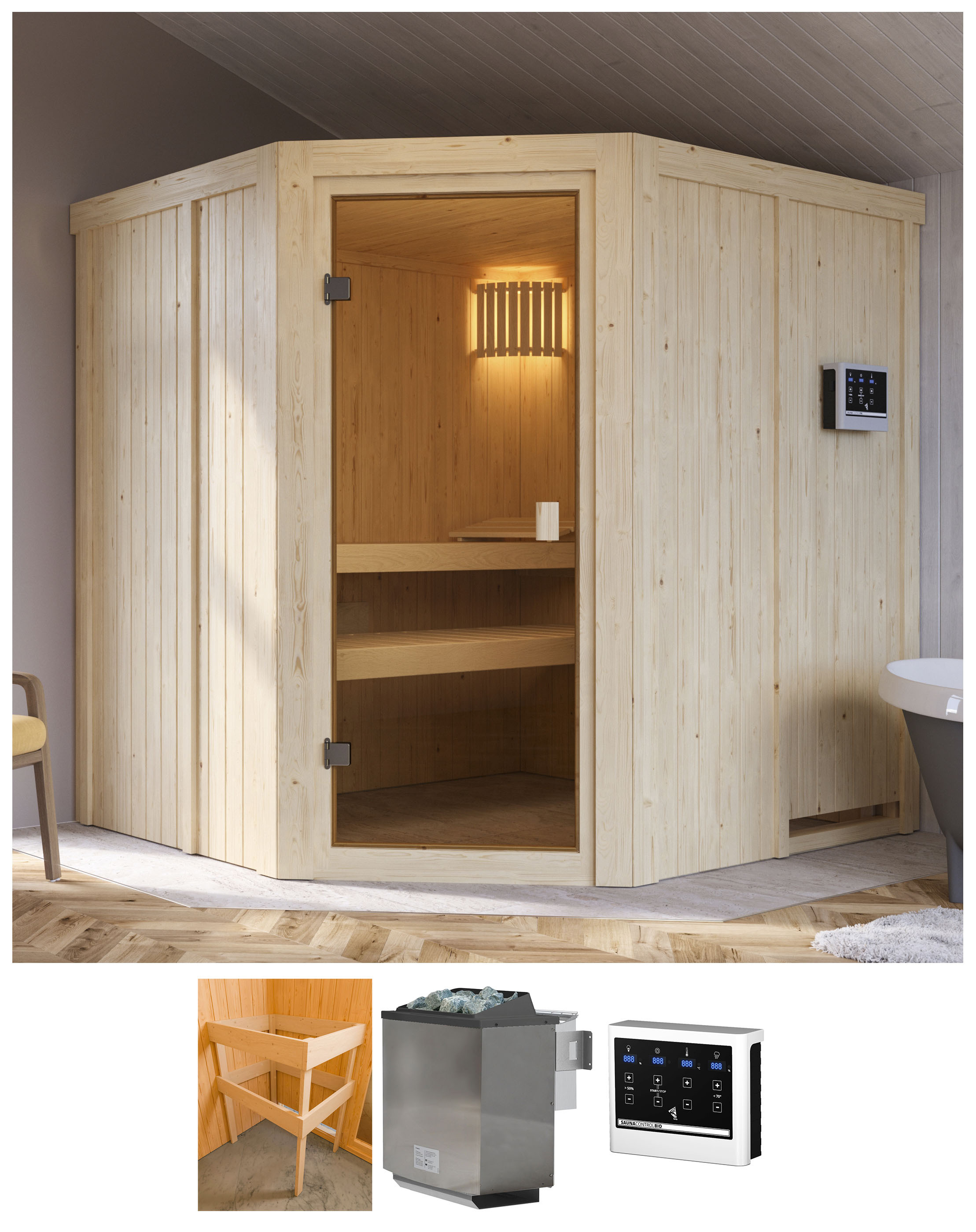 Sauna KARIBU "Bodo", beige (natur), Bio-Ofen, externe Steuerung, 9 kW, Saunen, mit Ofen 9 kW Bio mit ext. Strg. Image