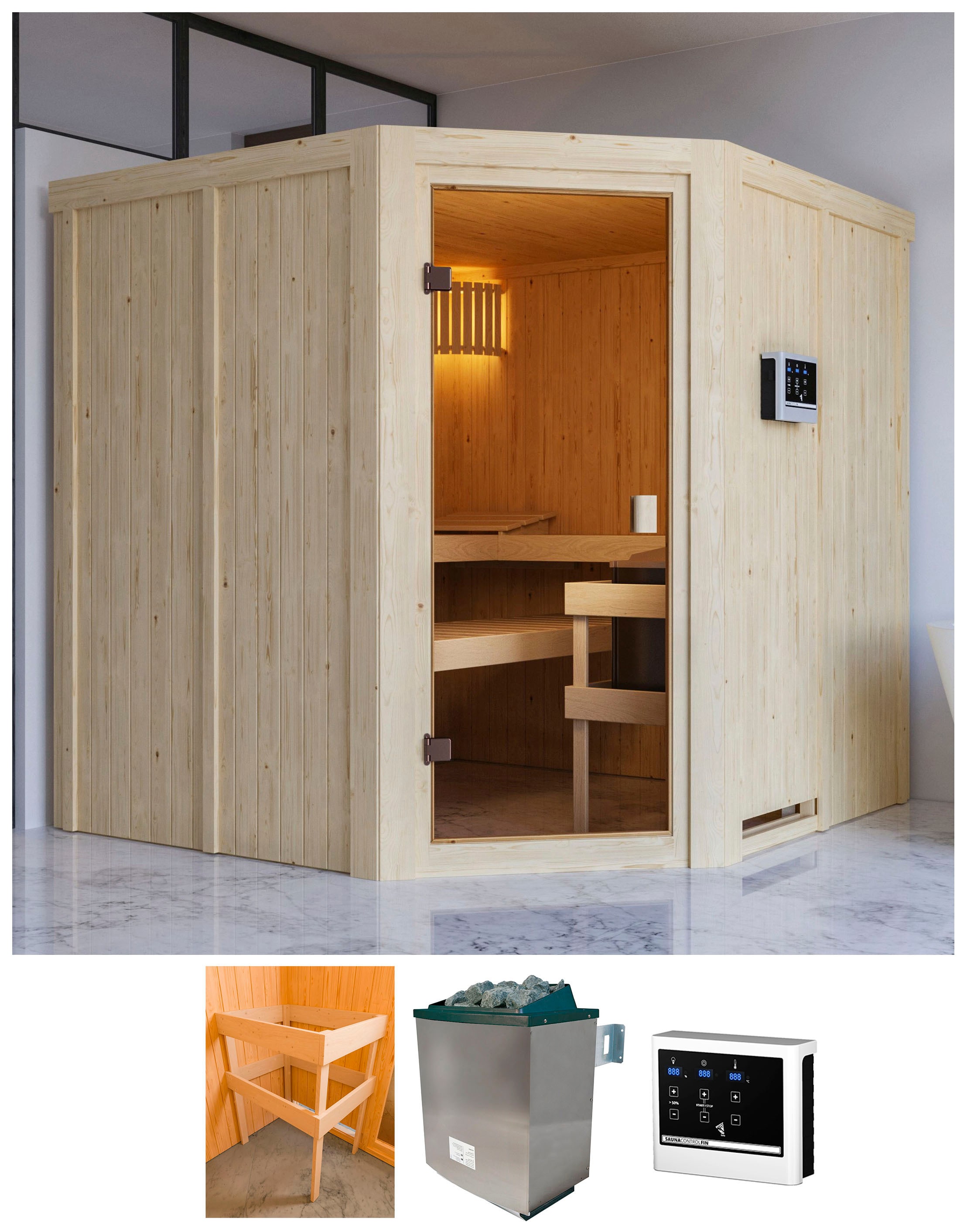 Sauna KARIBU "Kotka", beige (natur), Saunaofen, externe Steuerung, 9 kW, Saunen, Ofen 9 KW externe Strg easy